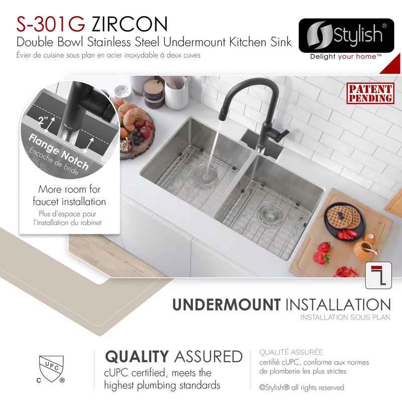 Stylish Undermount 32" Double-Bowl Stainless Steel 18G Kitchen Sink S-301G - 32" x 18" x 10"