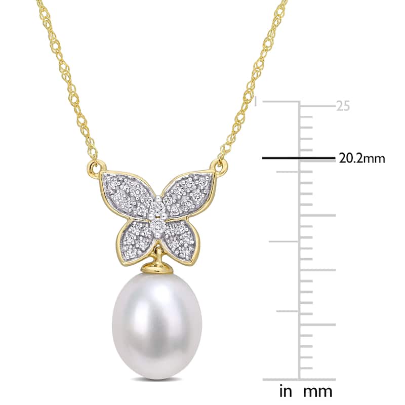 Miadora 9-10mm Cultured Freshwater Pearl and 1/8ct TDW Diamond Butterfly Drop 10k Yellow Gold