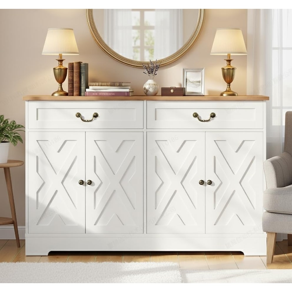 Modern Farmhouse Sideboard Buffet Cabinet with 2 Drawers & Adjustable Shelves, Large Kitchen Storage Cabinet