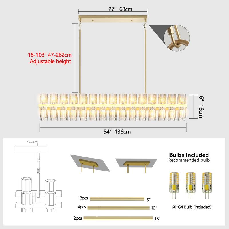 54in Gold Rectangle Crystal Chandelier