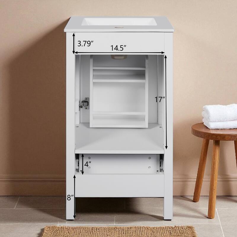 18" Small Bathroom Vanity with Ceramic Sink, Freestanding Storage Cabinet with Soft Close Drawer and Door, Adjustable Shelf