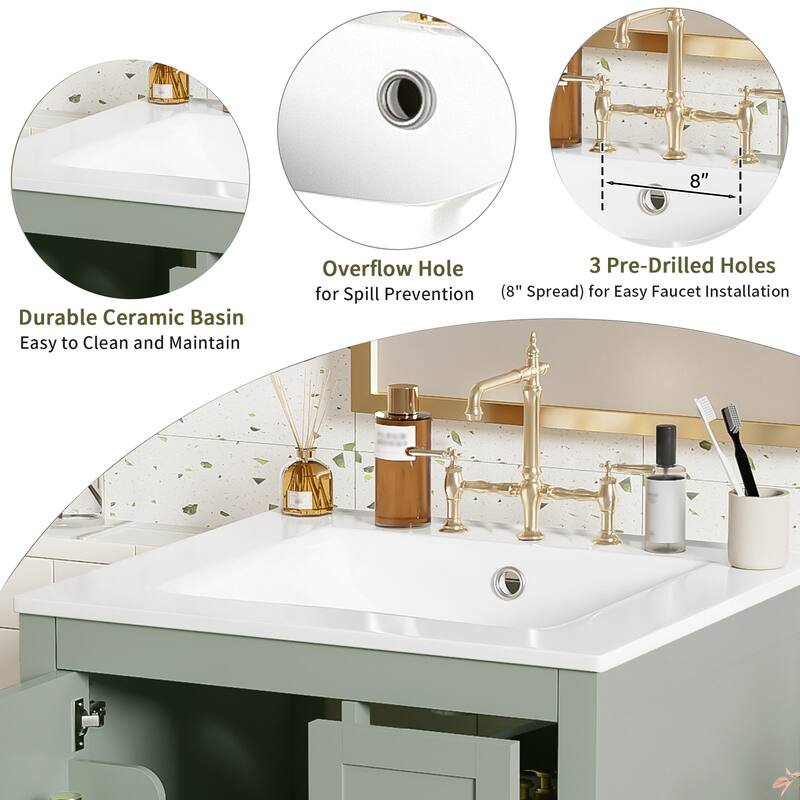 GDFStudio - Maple Modern Freestanding Bathroom Vanity with Ceramic Sink, Soft Close Door and Multi Drawer Storage