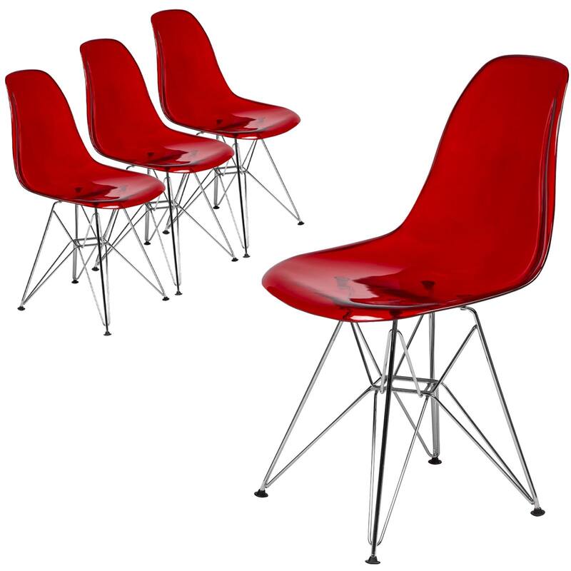 Cresco Ergonomic Modern Shell Seat Dining Chair with Chrome Eiffel Base and Curved Back Accent Side Chair (Set of 4) - Transparent Red