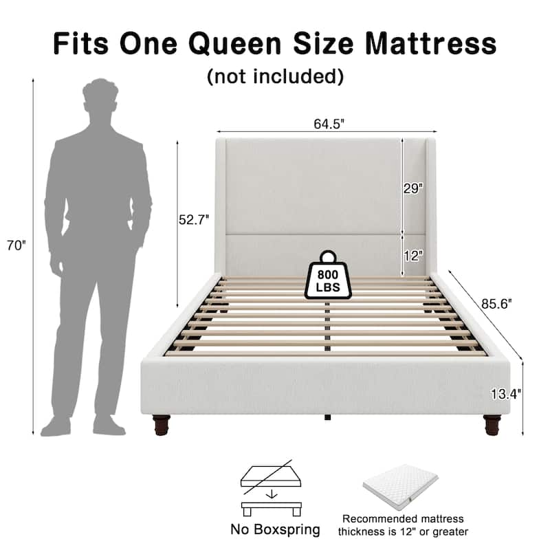 Christopher Knight Home - Modern 52.7" Tall Wingback Boucle Upholstered Platform Bed Frame with Solid Wood Legs & Slat Support