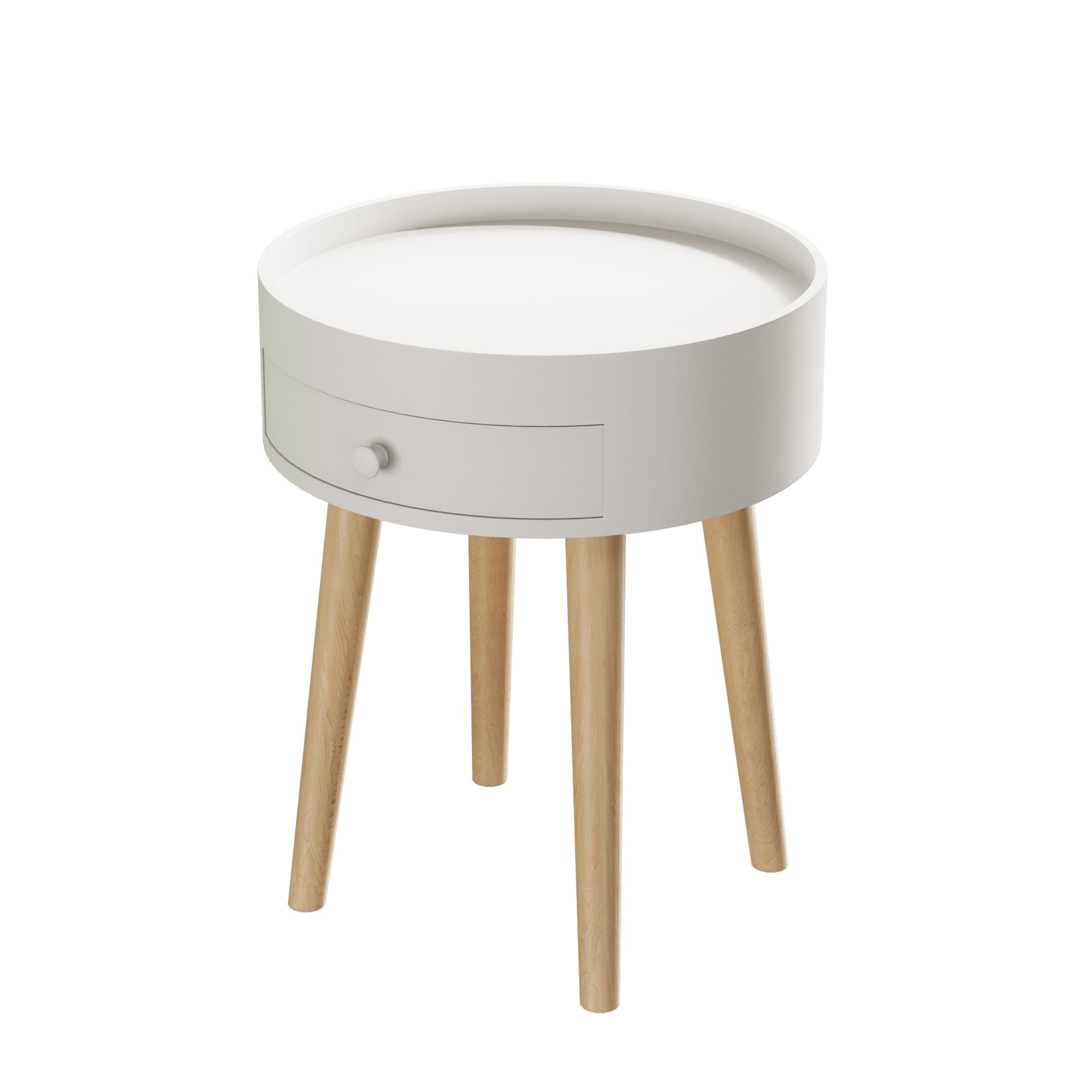 18 in Round Nightstand with Storage Drawer and Wood Legs