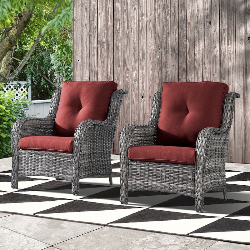 Outdoor Wicker High Back Club Chair with Cushions (Set of 2) - Grey/Red