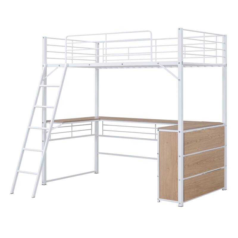 Metal Loft Bed with 3-Layer Shelves & L-Shaped Desk