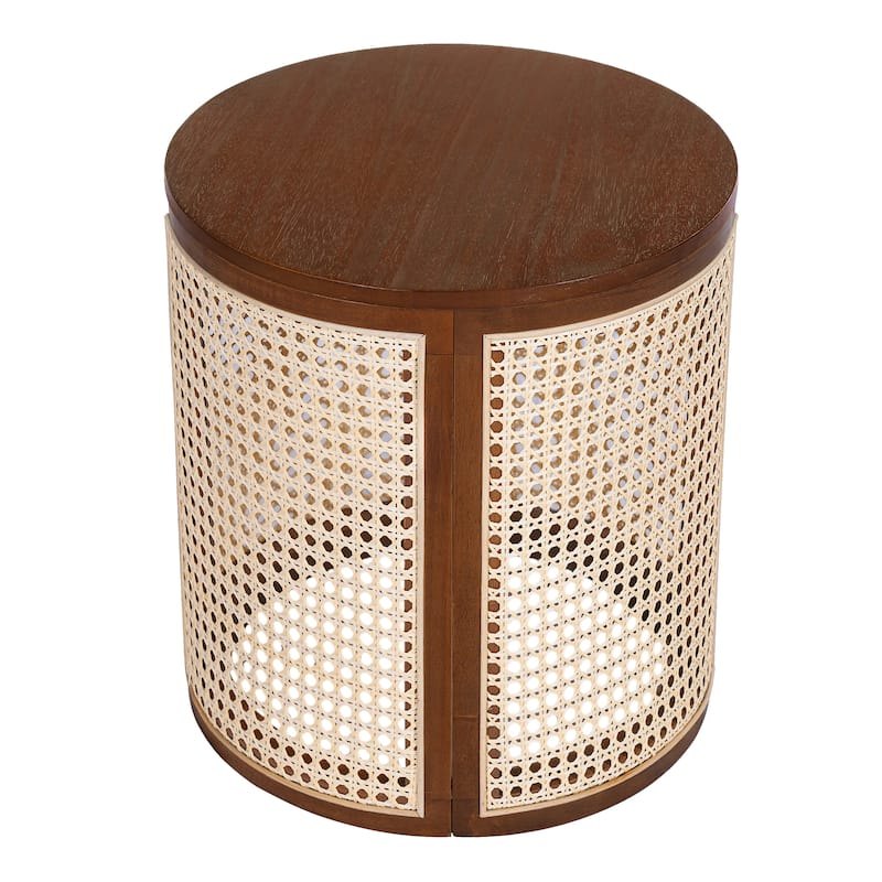15.70" Round End Table, Hollow Woven Side Table, Small Rubber Wood Nightstand, Rattan Woven Tea Desk