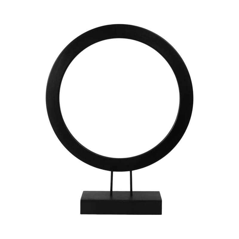 Wood and Iron Ring Sculpture on Base with Modern Grooved Texture