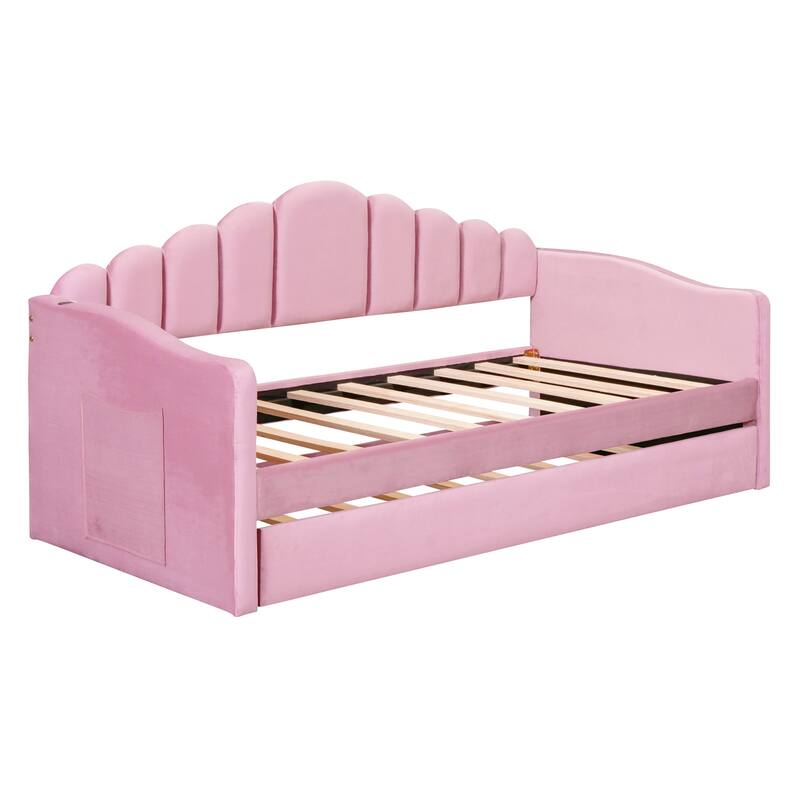Twin size Upholstered Daybed with Trundle, Velvet Sofabed with USB Charging Ports, No Box-spring Needed, Pink