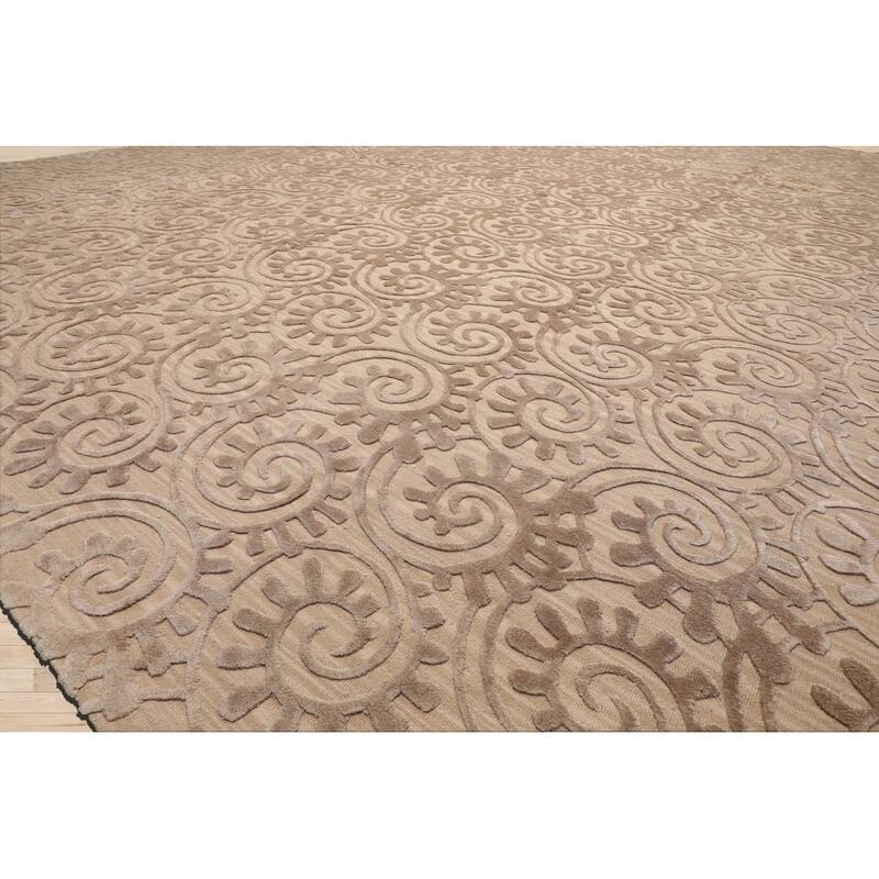 Hand Woven French Aubusson Tan Floral Wool & Silk Modern Area Rug - 9' 2'' x 11' 10''
