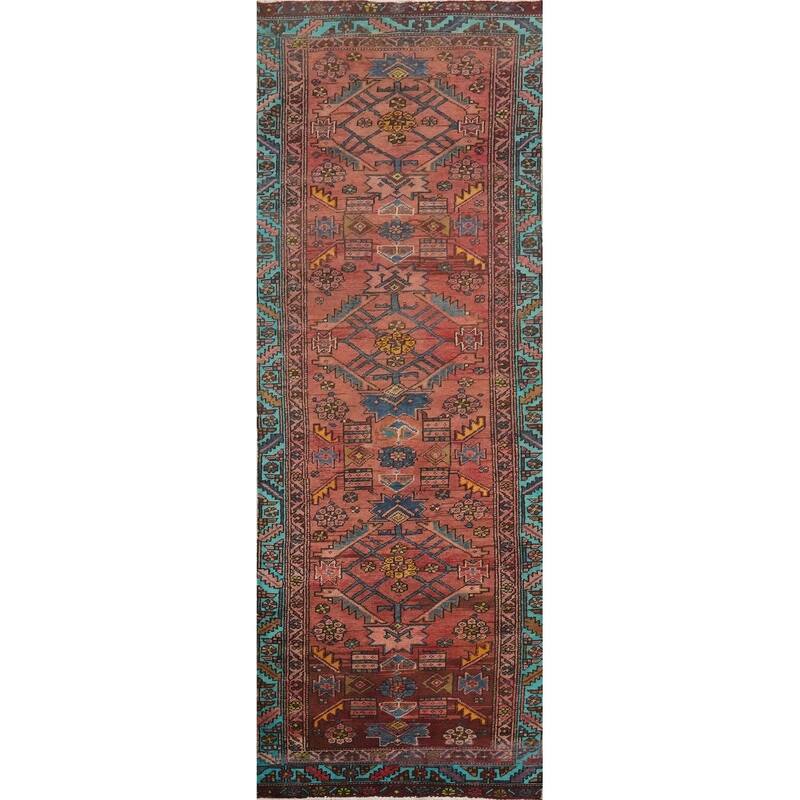 Hand Knotted Oriental 100% Wool Carpet Traditional Geometric Oranges & Rust Heriz Runner Rug - 10' 7'' X 2' 11''