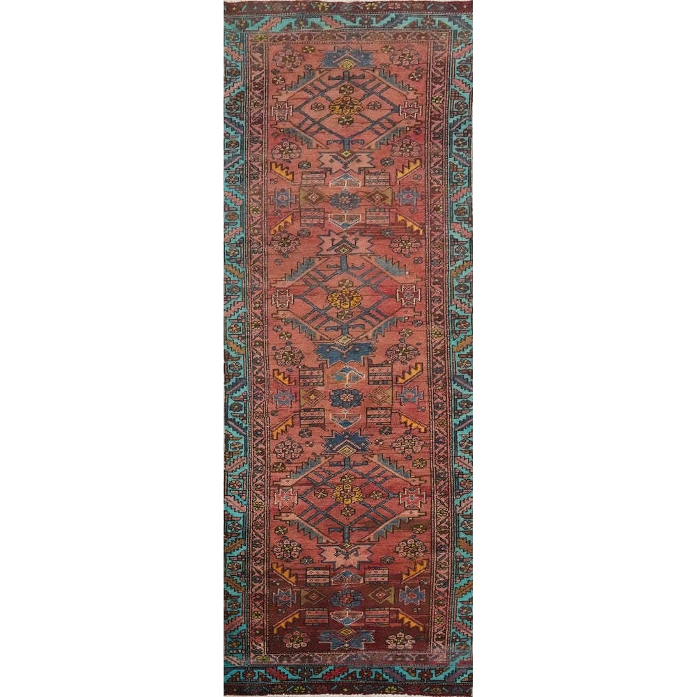 Hand Knotted Oriental 100% Wool Carpet Traditional Geometric Oranges & Rust Heriz Runner Rug - 10' 7'' X 2' 11''