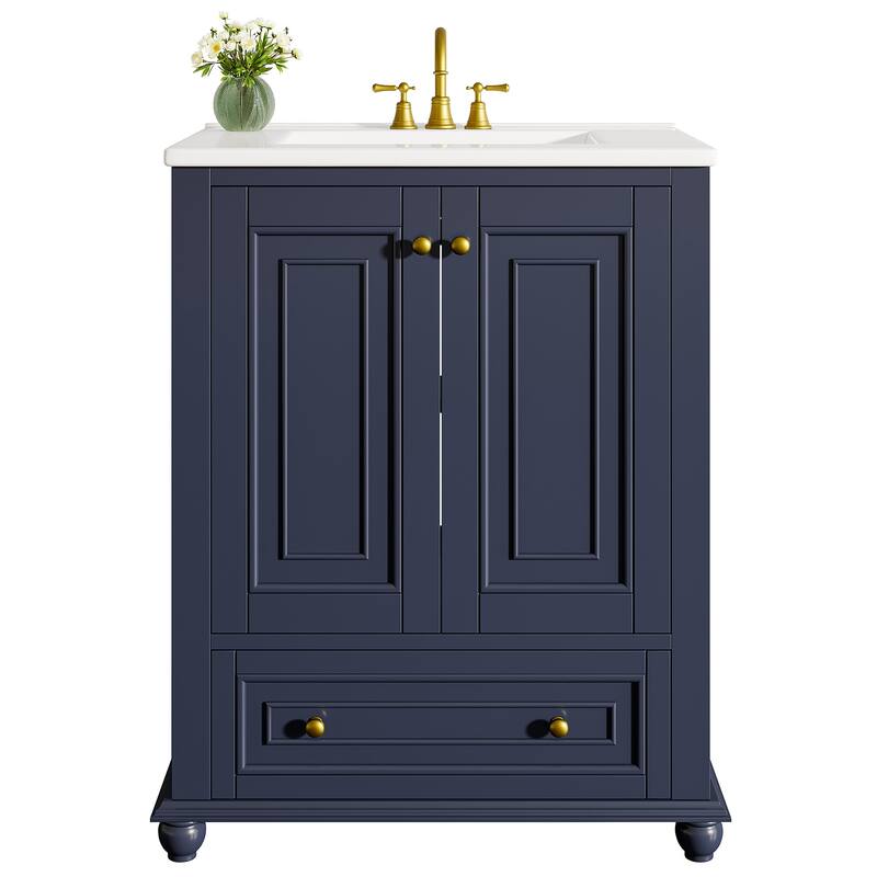 Modern Freestanding Solid Wood Bathroom Vanity with Ceramic Sink, Adjustable Shelf Storage