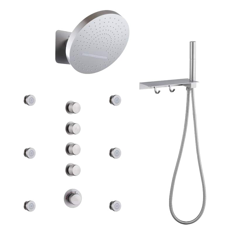 CASAINC Thermostatic 4 Functions 12 inch Rainfall Showerhead with Handheld Spray & 6 Body Jets Set Rain Shower System
