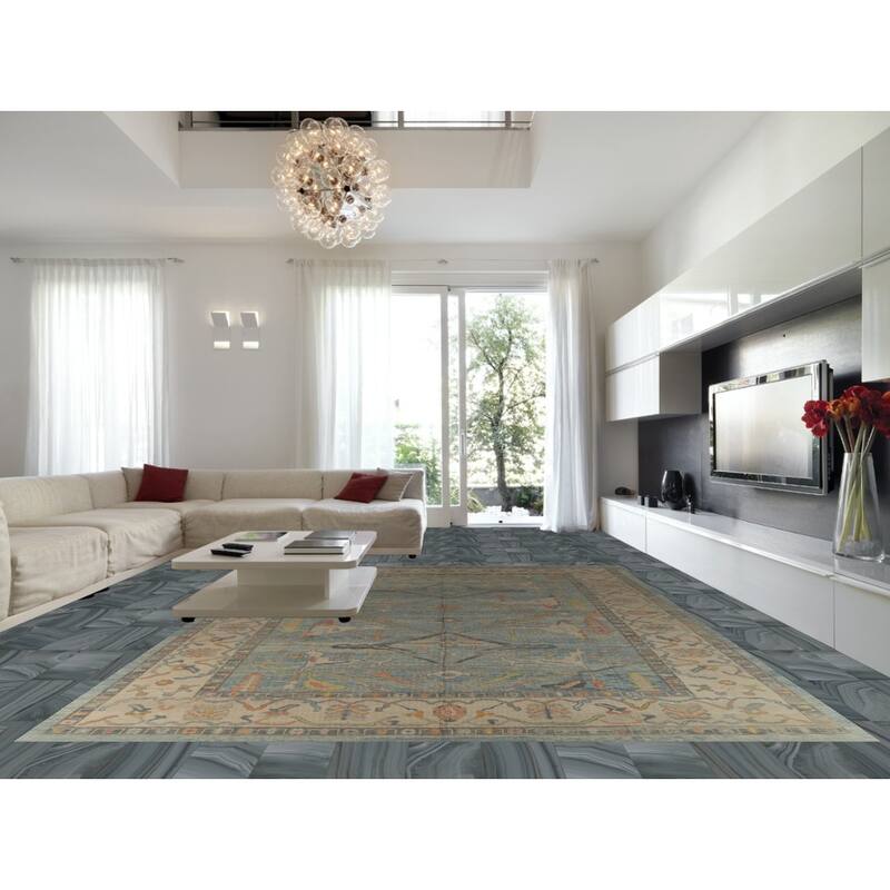 Hand Knotted Oriental 100% Wool Carpet Transitional All-Over Navy Blue & Blues Oushak Area Rug - 16' 3'' X 11' 7''