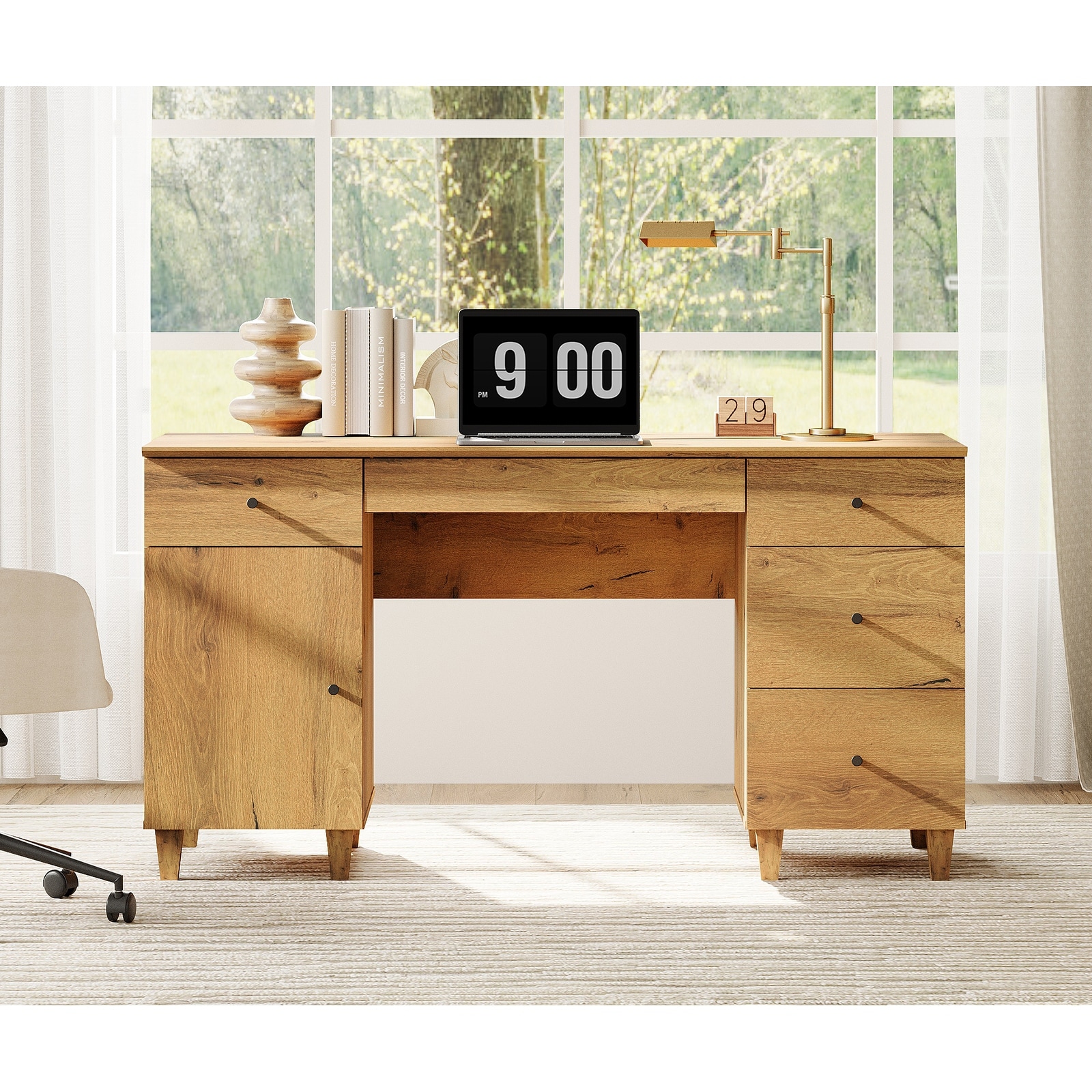 WAMPAT 58" Executive Desk with 5 Drawers & 1 Storage Cabinet