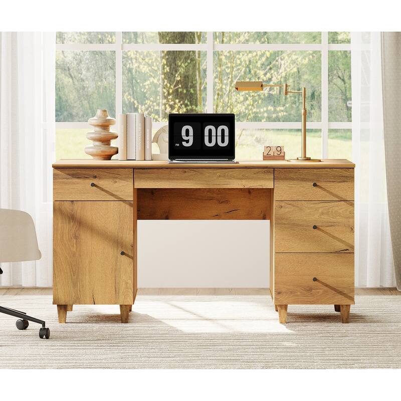 WAMPAT 58" Executive Desk with 5 Drawers & 1 Storage Cabinet - Oak Brown