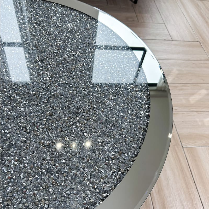 Modern Mirror Glass Round Coffee Table with Crushed Diamond - 31.5"x18.3"