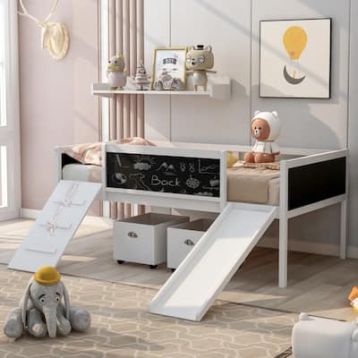 Twin Size Loft Bed with Slide, Chalkboard, and Storage Boxes, Wooden Loft Bed for Kids
