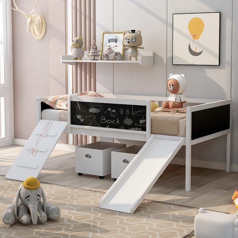 Twin size Loft Bed Wood Bed with Two Storage Boxes