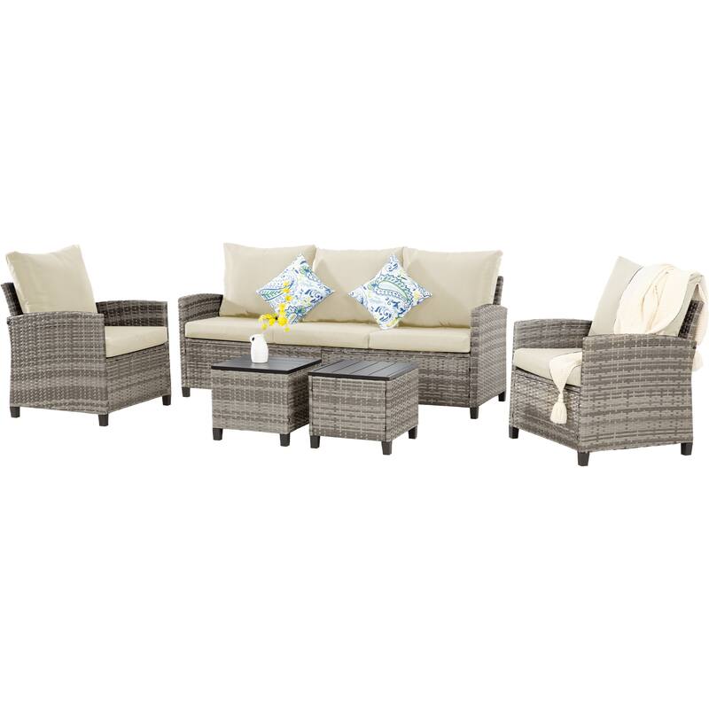 6 PCS Patio Furniture Set, Outdoor Wicker Conversation Sectional Sofa Couch Furniture Sets with Ottomans - Beige