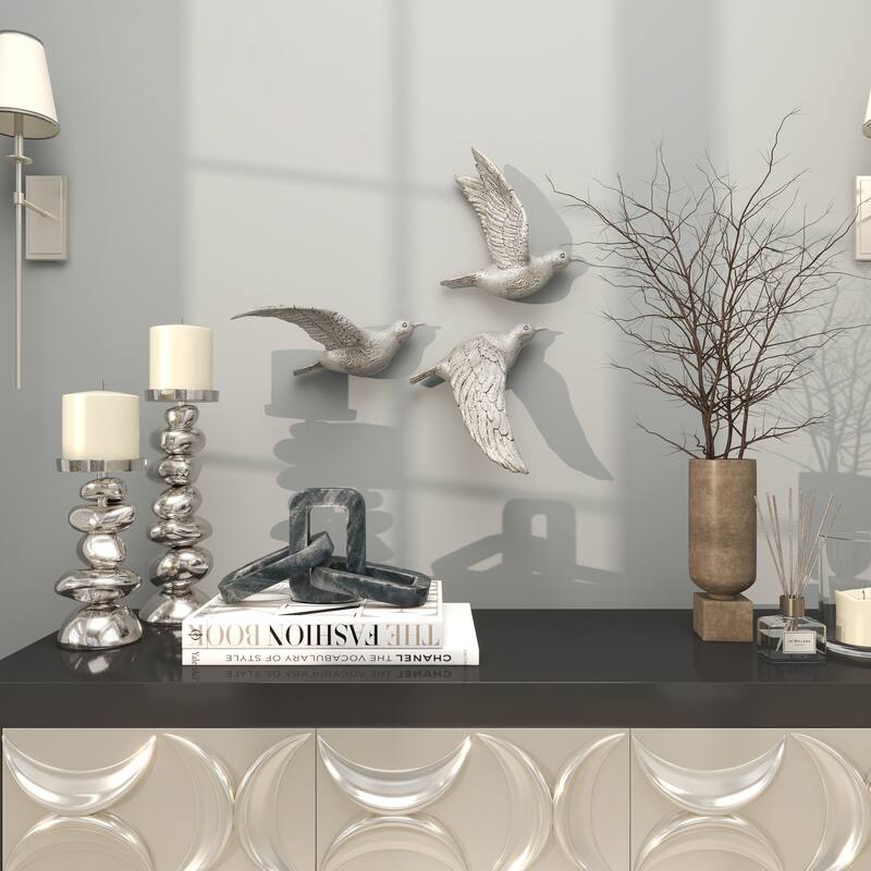 Polystone Weathered 3D Floating Bird Wall Decor (Set of 3) - Dark Brown, Gold, Silver