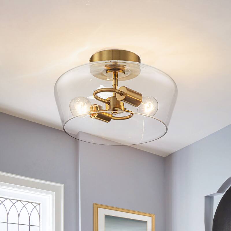 Modern 2-Light Drum Semi Flush Mount Glass Ceiling Light