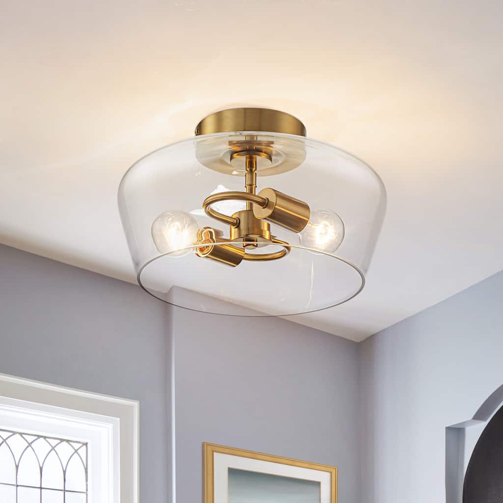 Modern 2-Light Drum Semi Flush Mount Glass Ceiling Light