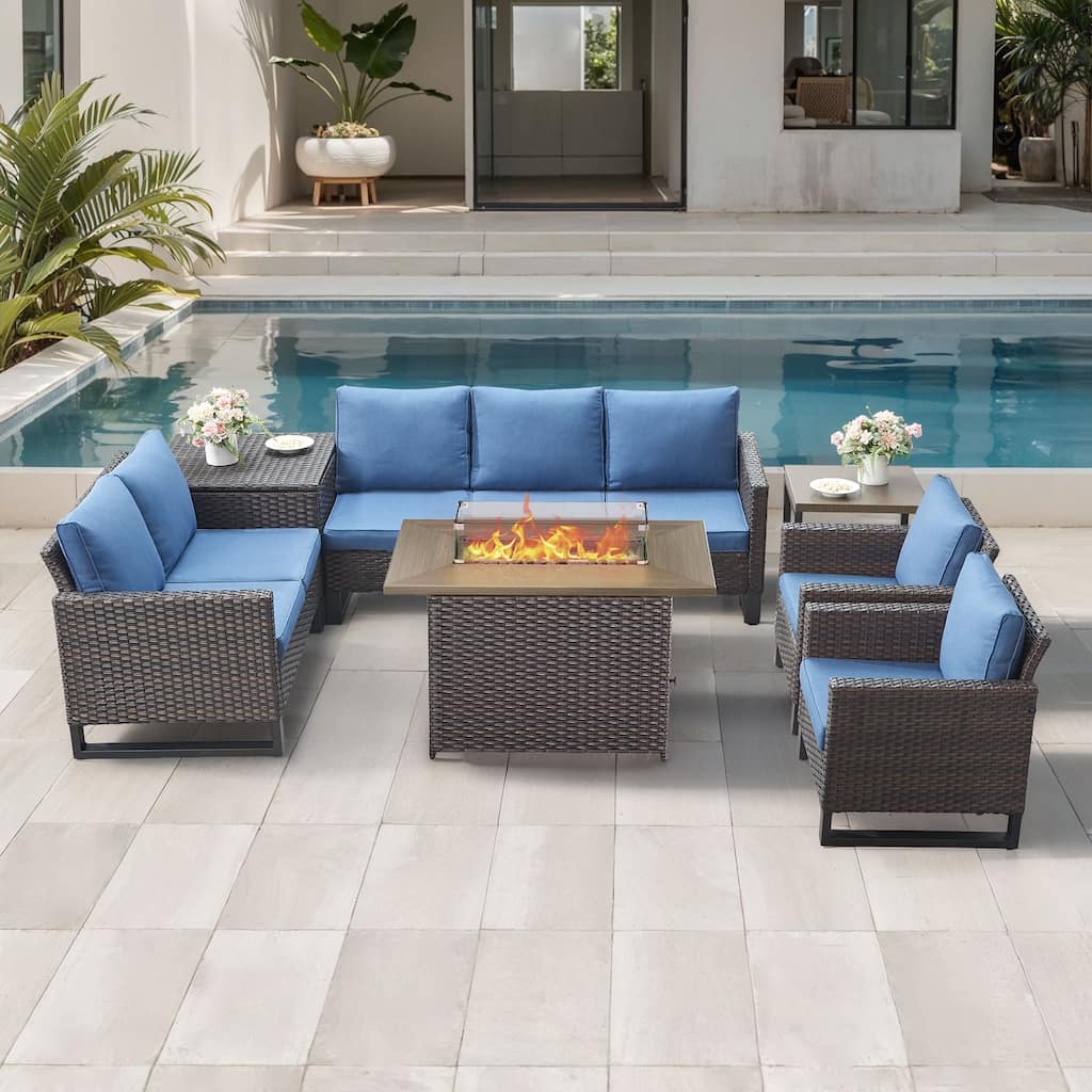 Gymojoy 7 Person All-Weather Wicker Outdoor Conversation Set Seating Group With Fire Pit Table