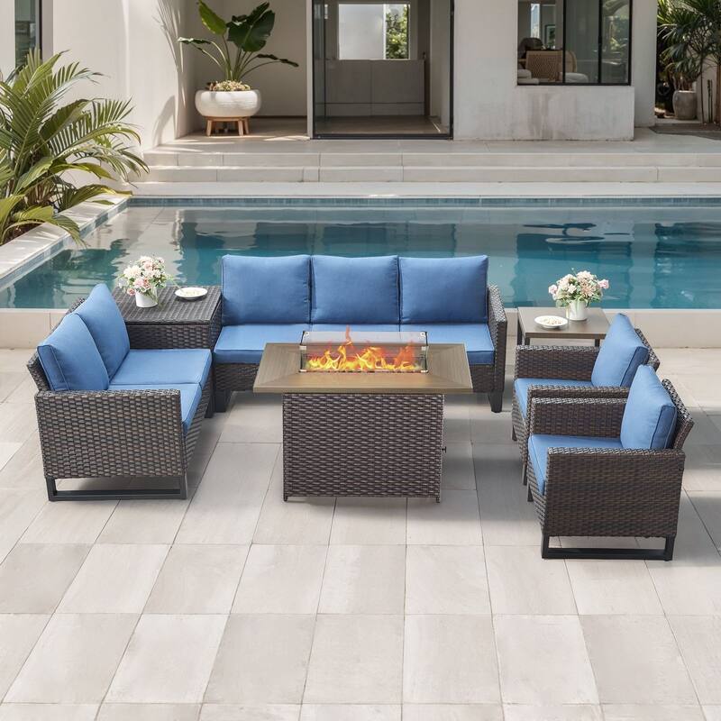 Gymojoy 7 Person All-Weather Wicker Outdoor Conversation Set Seating Group With Fire Pit Table - Brown Wicker / Blue Cusion - 7-Piece