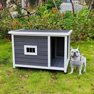Grey Outdoor Wooden Puppy Dog House with Porch Deck