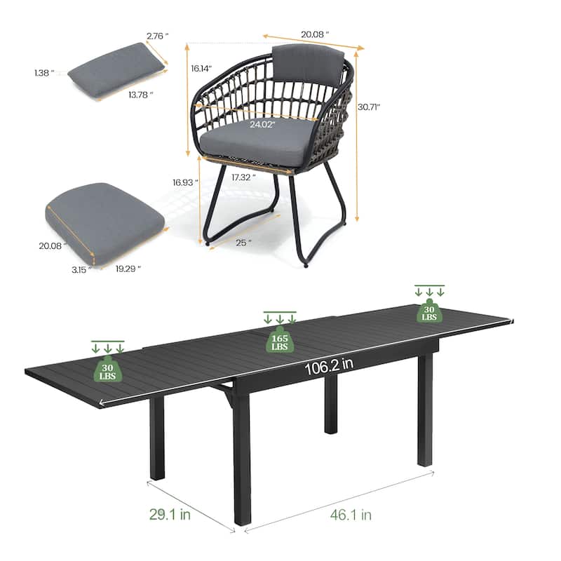 7/9PC Outdoor Aluminum Expandable Patio Dining Sets Extension Table with Rattan Chair