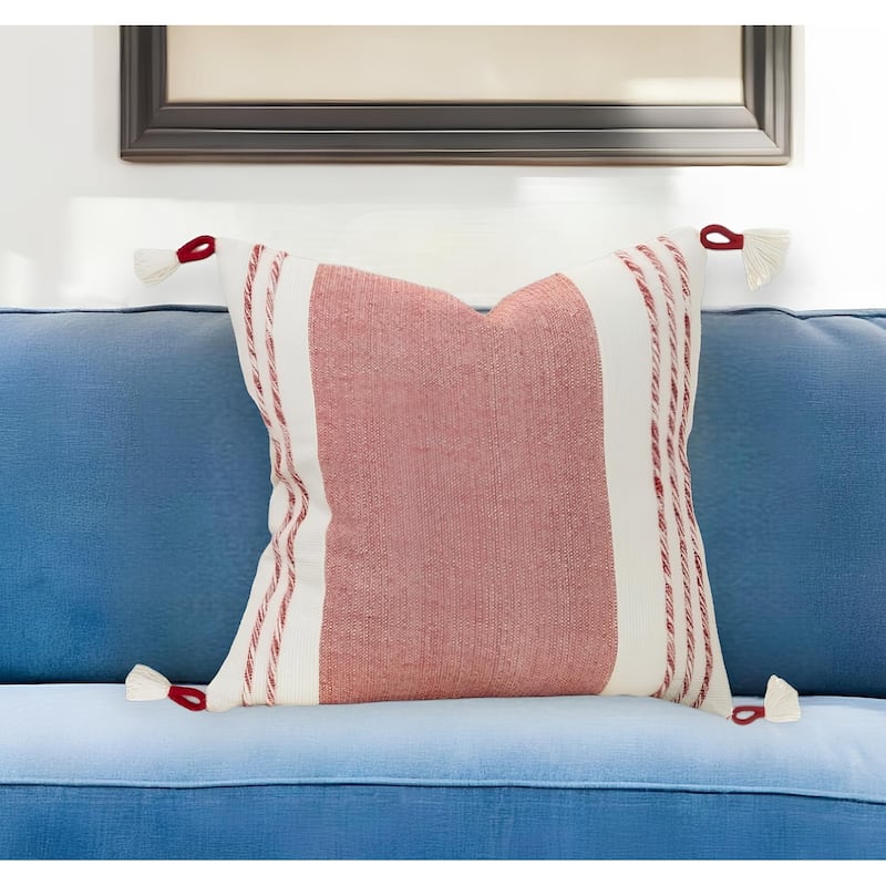 HomeRoots 20" Red and White Color Block Cotton Throw Pillow With Tassels - Accent - Polyester