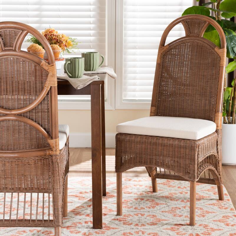 Raya Natural Rattan Dining Chair - Handcrafted Wicker Accent Chair with High Arched Back and Cushioned Seat, Boho Coastal Style