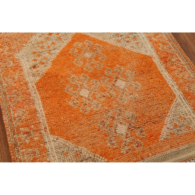 Orange Oushak Vintage Runner Rug Handmade Oriental Wool Carpet - 3'6"x 10'4"