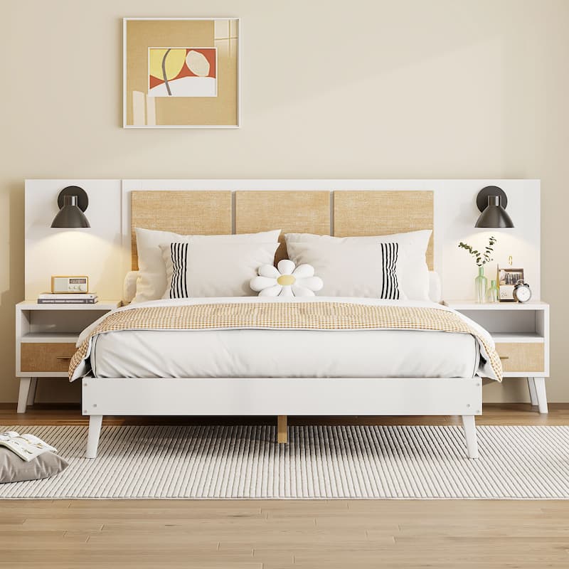 Queen Bedroom Set – Solid Wood Frame with Rattan Accents & Matching Nightstands . - White