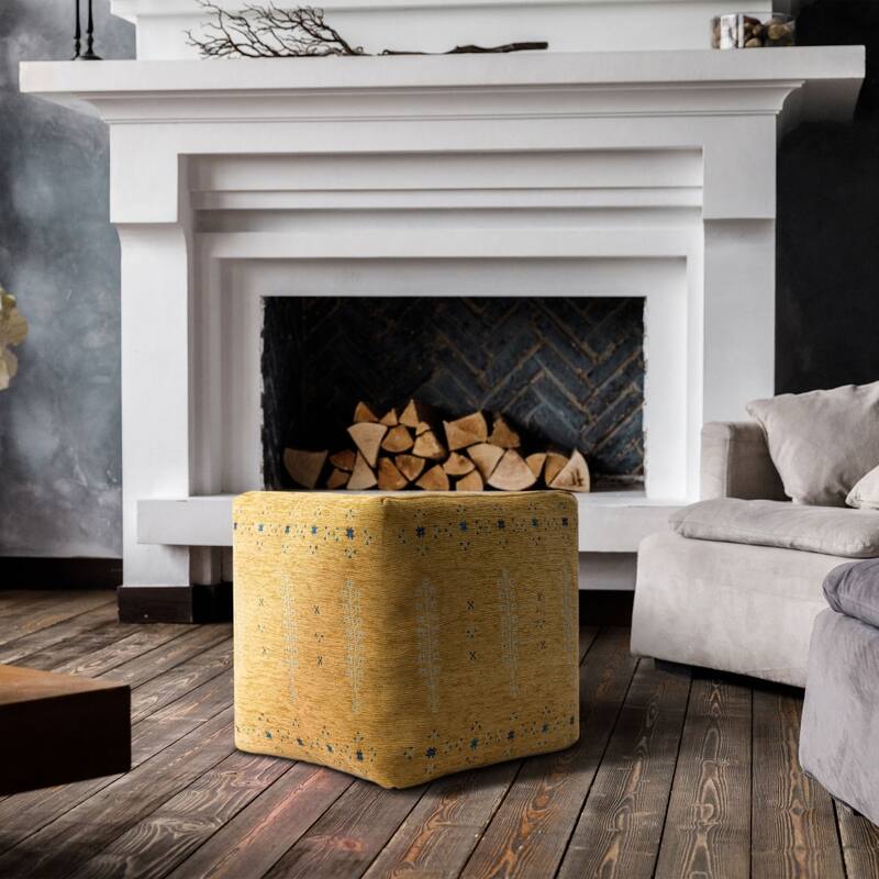 18-Inch Yellow Abstract Pouf Ottoman for Bohemian and Eclectic Home Decor