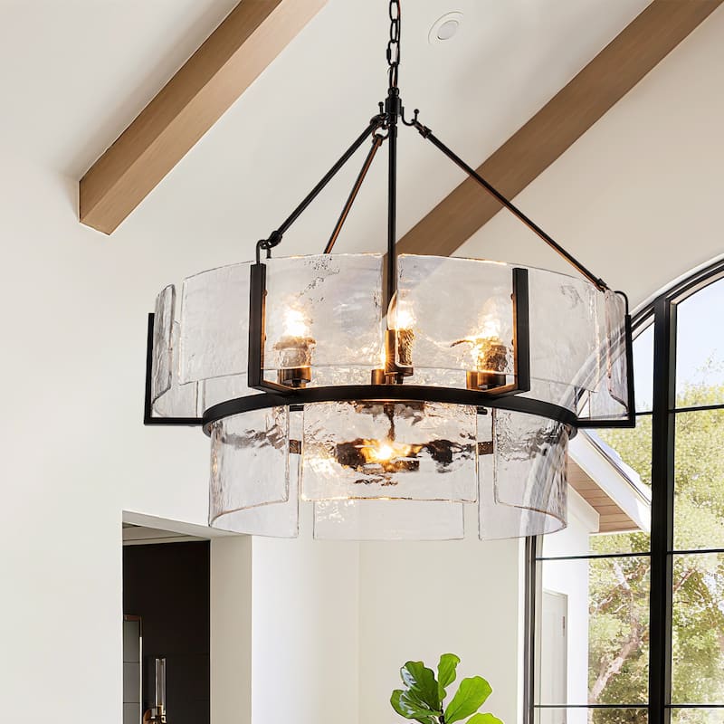 Dimmable Large Drum Glass Chandelier for Dining Room High Ceiling Living Room - W27.6'' - Black-B