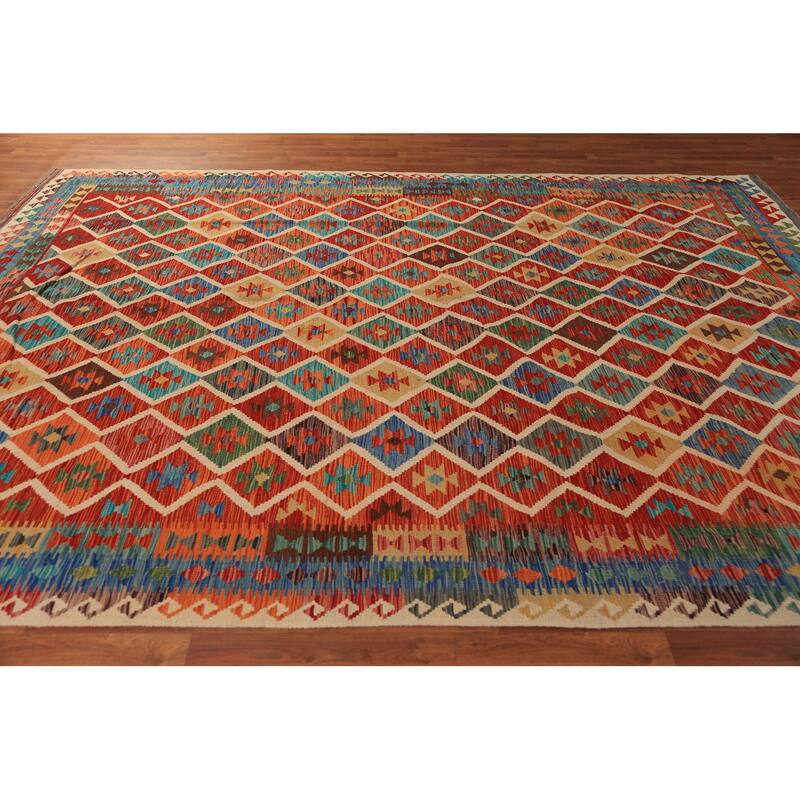 Trellis Kilim Oriental Area Rug Hand-Woven Orange Wool Carpet - 8'5"x 11'5"