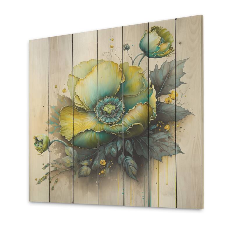 Designart 'Green Blooming Flower II' Floral Wood Wall Art - Natural Pine Wood