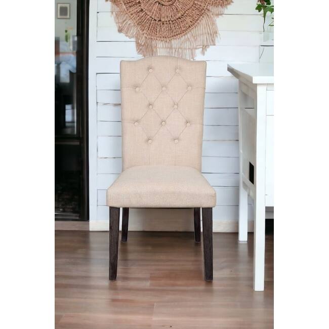 HomeRoots Set of Two Tufted Beige and Espresso Upholstered Linen Dining Side Chairs