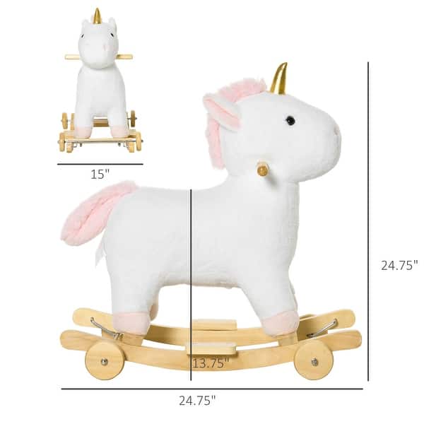 Qaba Rocking Horse, 2 in 1 Kids Ride on Horse, Rolling Unicorn Animal Rocker with Sound, Wooden Base, Pedal, Grip Handle