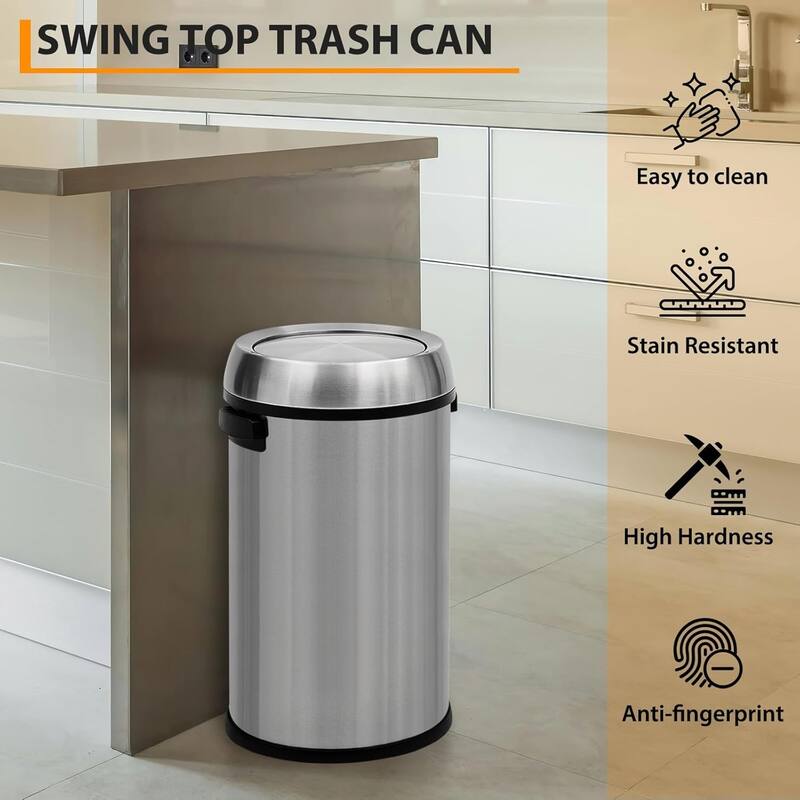 17 Gallon Stainless Steel Kitchen Waste Bin, 65L High-Capacity