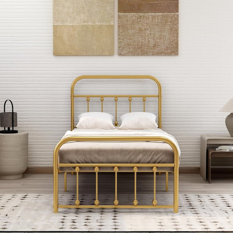 NNV Platform Metal Bed Frame with Victorian Style Iron-Art Headboard