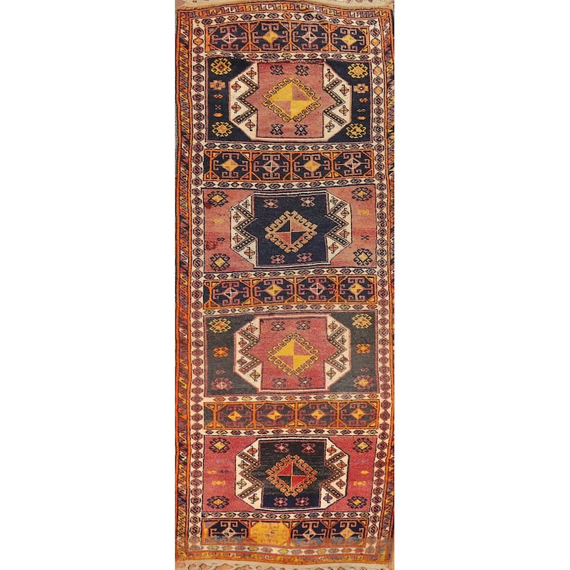 Tribal Anatolian Turkish Vintage Runner Rug Hand-Knotted Wool Carpet - 3'4"x 11'3"