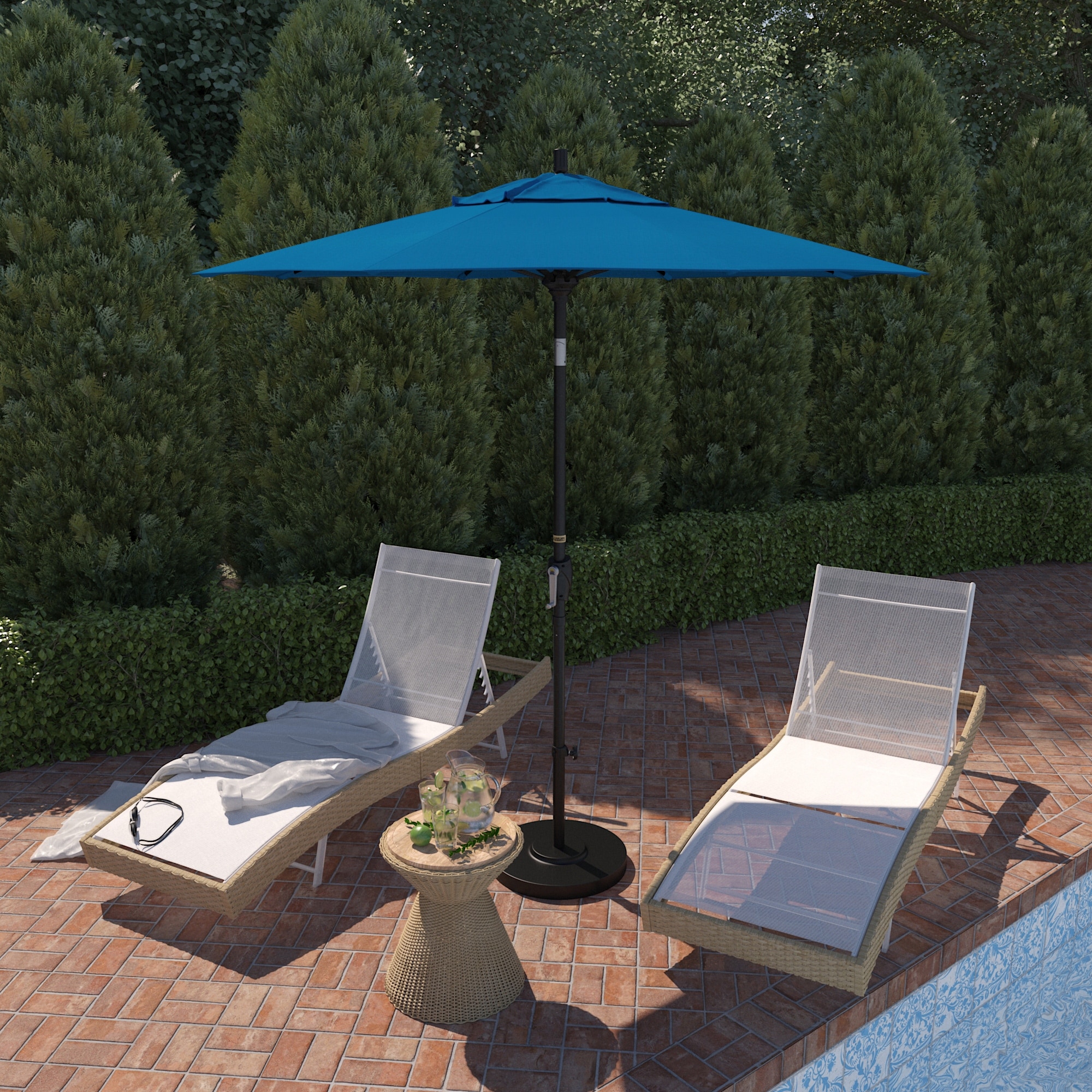 California Umbrella 7.5' Round Crank Lift Push Button Tilt Black Aluminum Patio Umbrella with Pacifica Pacific Blue Fabric