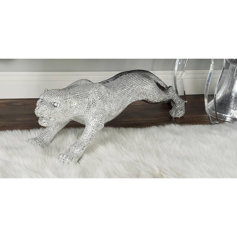 Polystone Leopard Floor Decorative Sculpture with Carved Faceted Diamond Exterior - Silver or Black - Roche River Decor