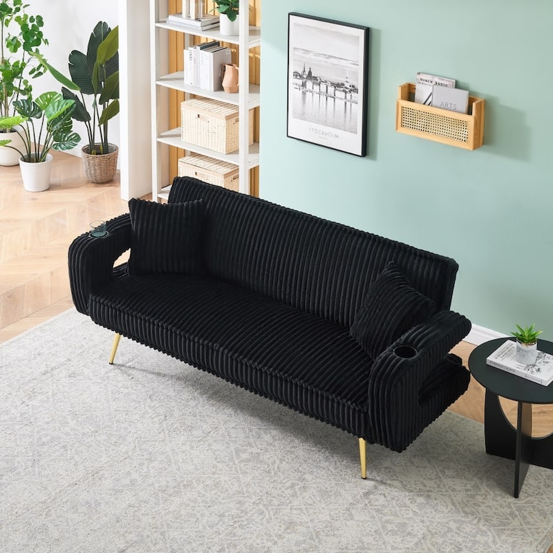 74.01" Straight Corduroy Sofa Bed with Pillows and Adjustable in Three Levels - Black