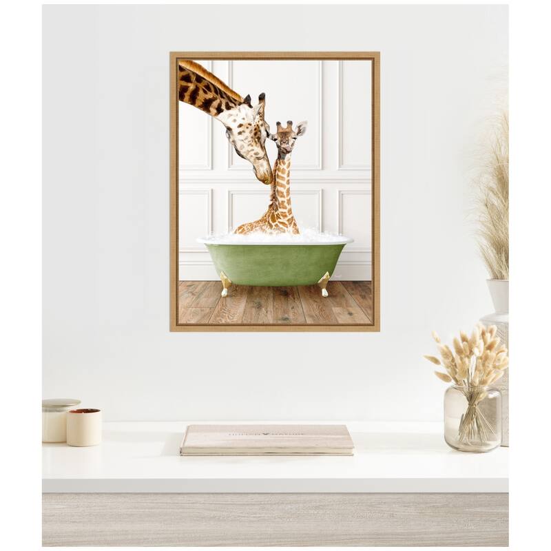Kate and Laurel Sylvie Mother and Baby Giraffe in Transitional Bathtub Framed Canvas by Amy Peterson